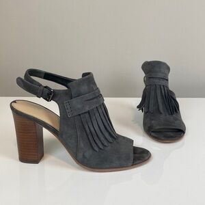 Via Spiga Fey Open Toe Fringe Block Heels Size 7 Bohemian Boho Festival Open Toe